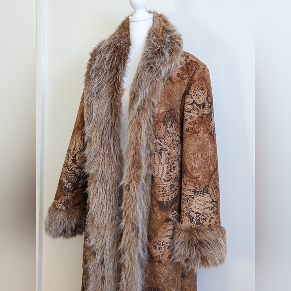 90s Does 70s VTG Penny Lane Trench Coat Afghan Paisley Print Faux Fur Trim 18 - Picture 6 of 16